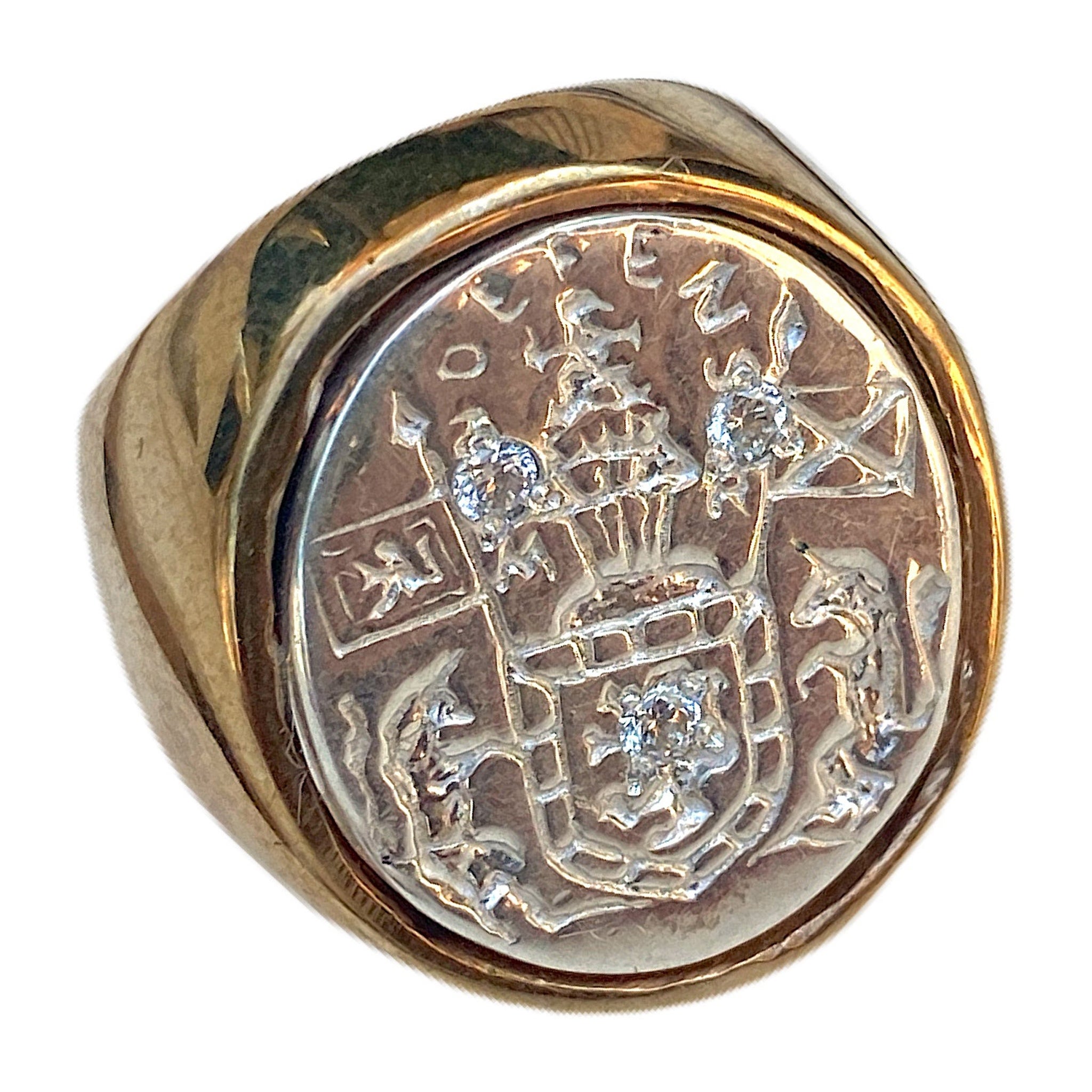 J Dauphin, bague sigillaire unisexe en argent sterling et bronze avec crête de saphir en vente