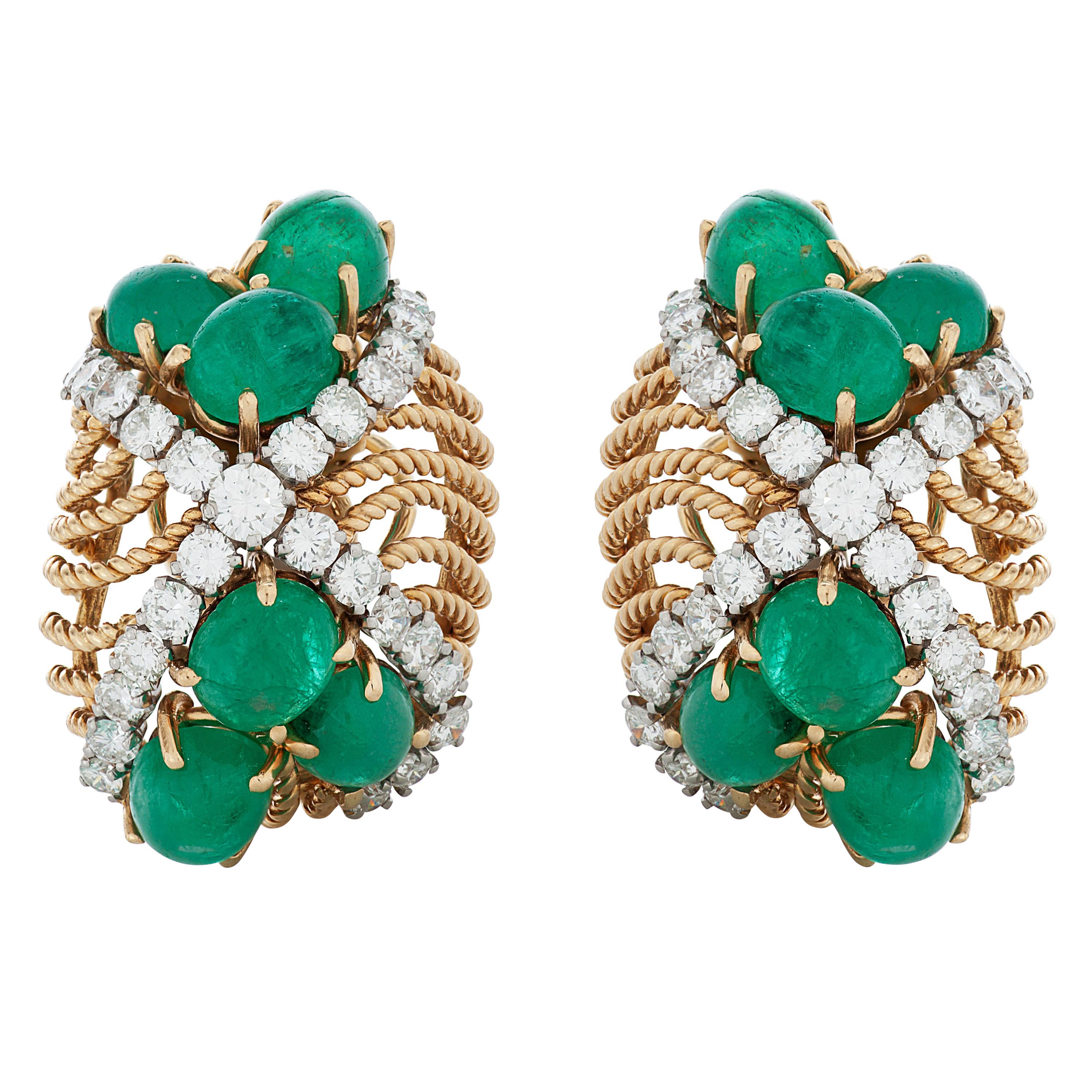 Vintage Seaman Schepps Cabochon Emerald and Diamond Earrings in 18k Yellow Gold