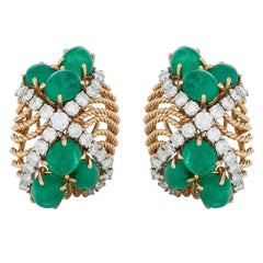 Vintage Seaman Schepps Cabochon Emerald and Diamond Earrings in 18k Yellow Gold