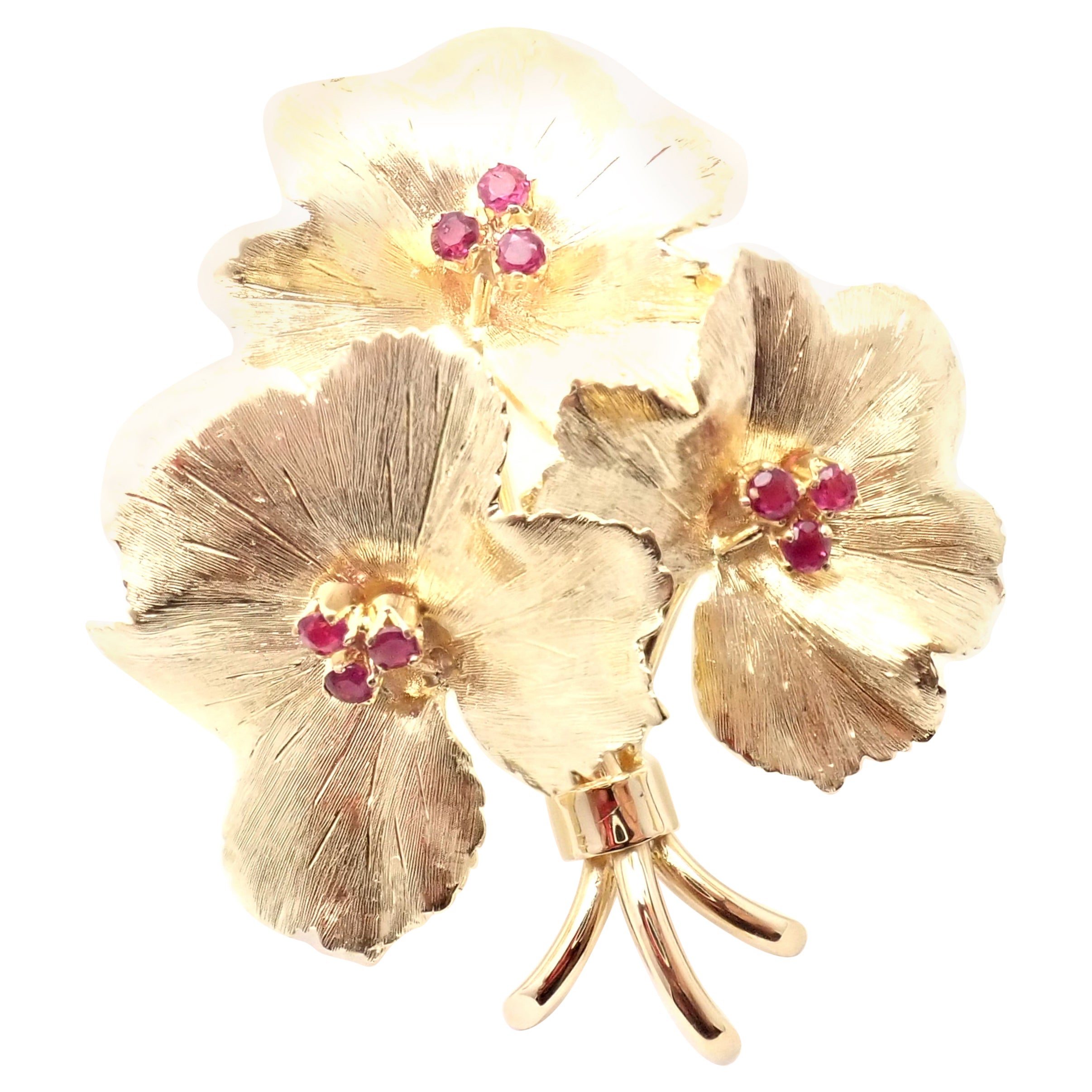 Tiffany & Co. Ruby Flower Yellow Gold Brooch Pin