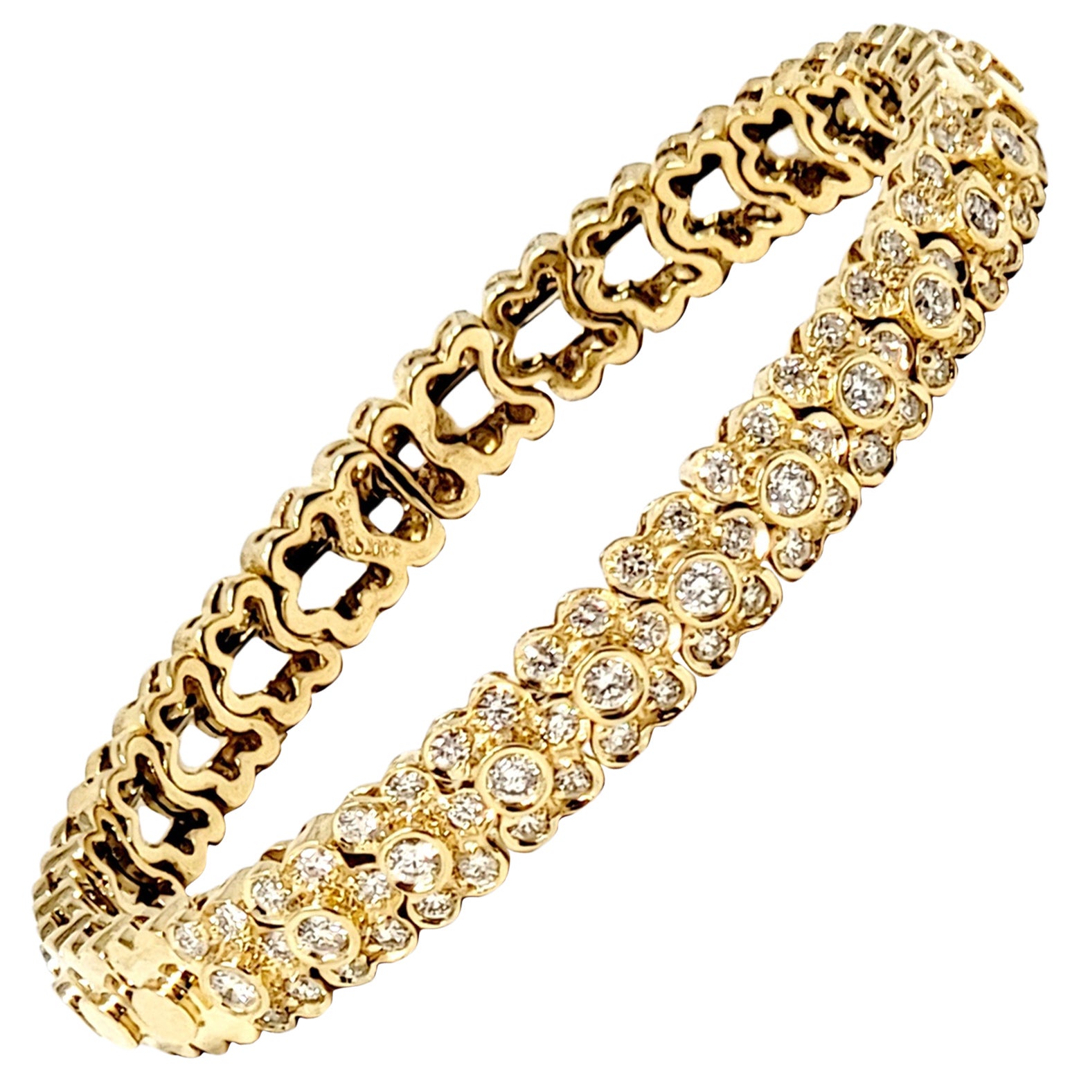 Sonia B. Pave Diamond Floral Motif Flexible Cuff Bracelet 14 Karat Yellow Gold For Sale