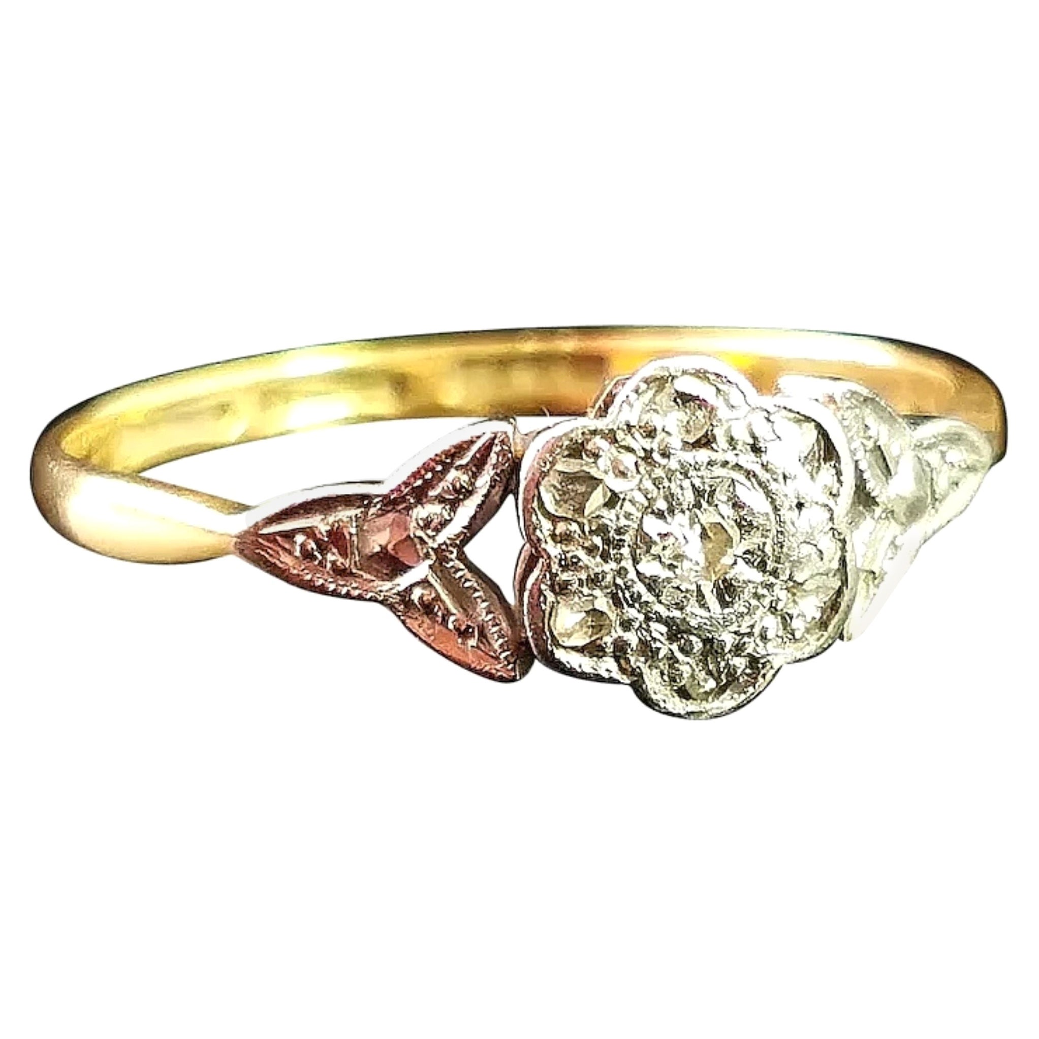 Antique Diamond Flower Ring, 18 Karat Yellow Gold and Platinum