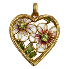 Art Nouveau Style Masriera 18K Gold Enamel Peridot Heart Pendant
