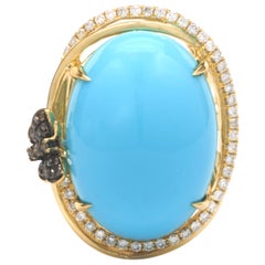 Bague Sleeping Beauty en or jaune 14 carats avec turquoise et diamants et diamant en forme de D chocolat