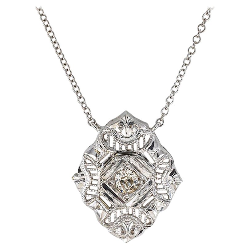 Art Deco Diamond Filigree White Gold Pendant Necklace