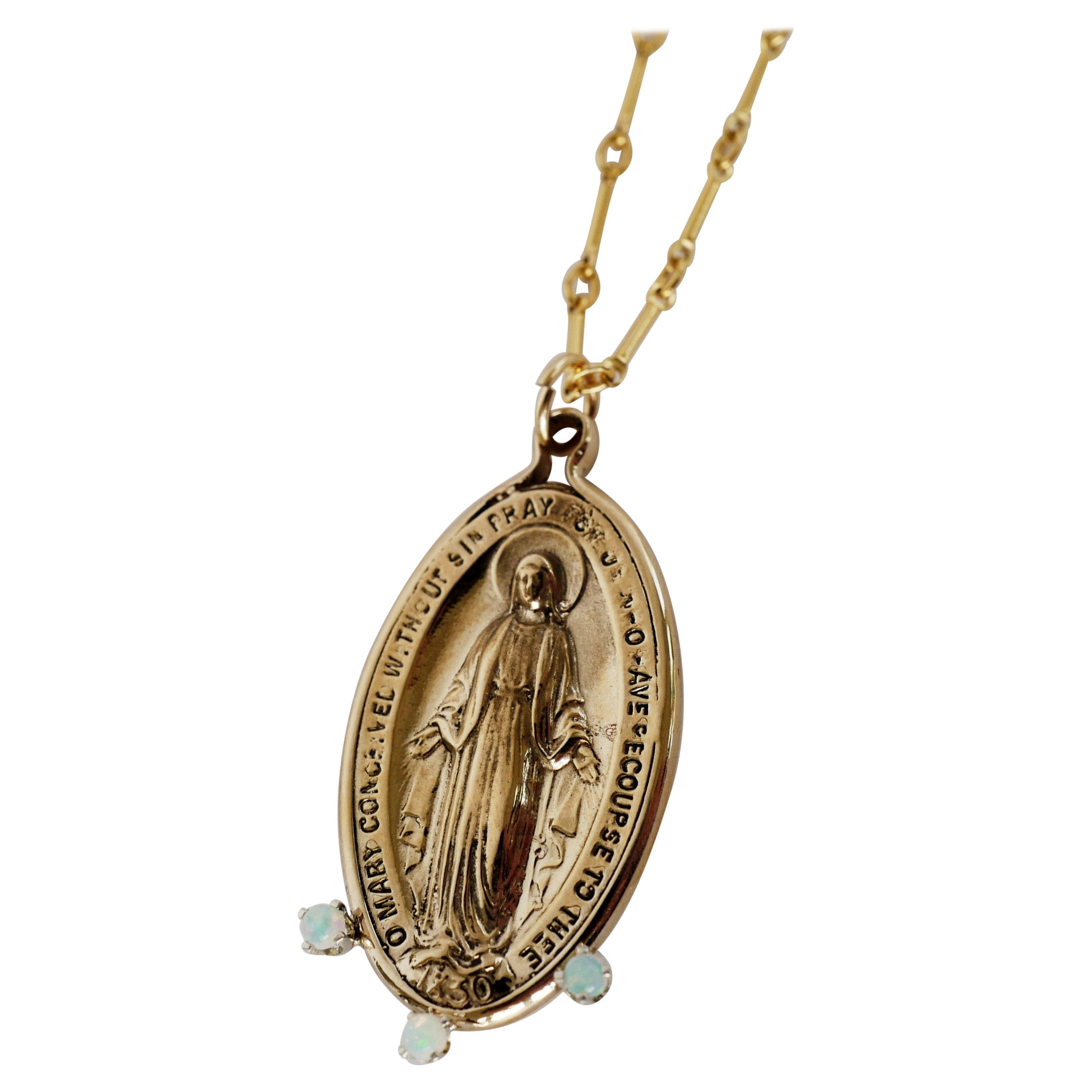 Kette Halskette Medaille Jungfrau Maria Edelstein Opal Oval Anhänger J Dauphin