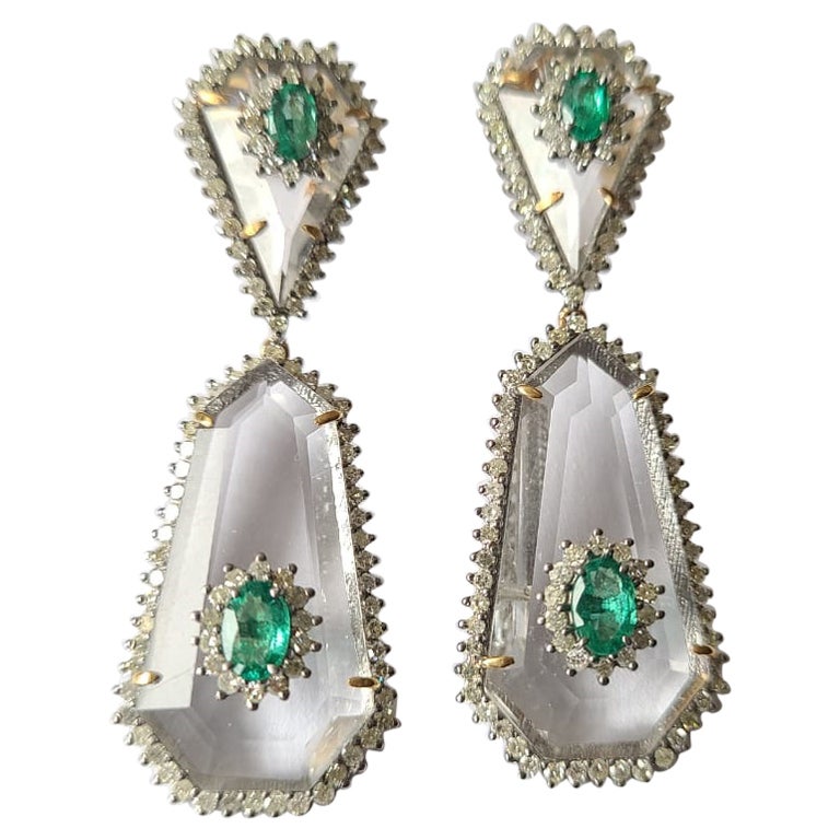 Crystal, Emerald and Diamonds Dangle Victorian Earrings Set in 14K Gold ...