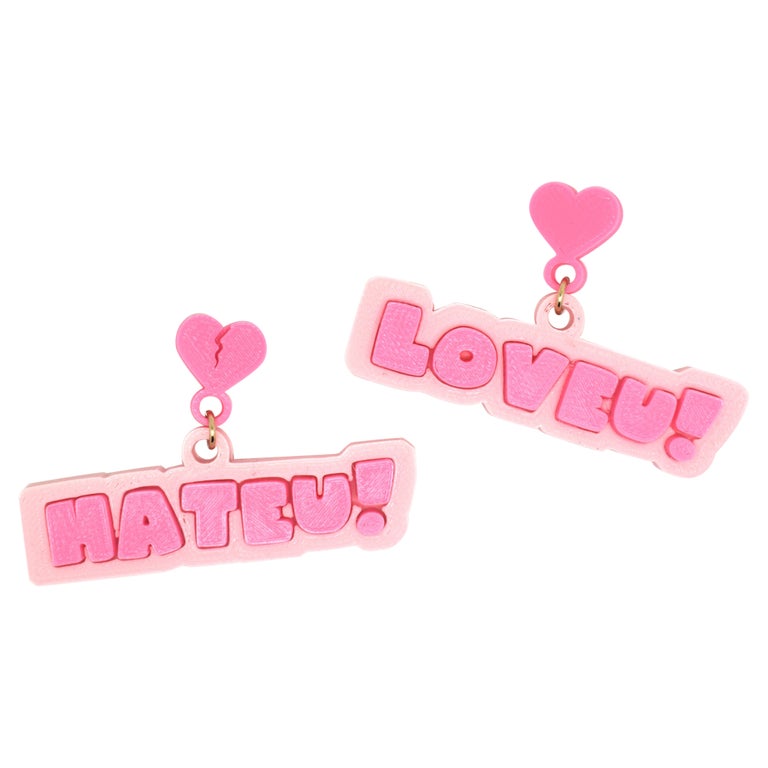 3D Printed LOVE U HATE U Earrings - OG Pink For Sale at 1stDibs