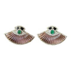 Amethyst, Emerald & Diamonds Stud Earrings set in 14K Gold & Silver