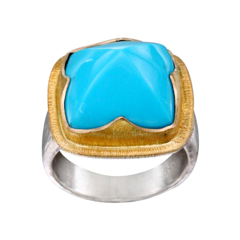 Steven Battelle 10.8 Carats Sleeping Beauty Turquoise 18K Gold Silver Ring For Sale