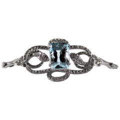 8.60 Carat Aquamarine 1.25 Carat White Diamond White Gold "Snakes" Bracelet