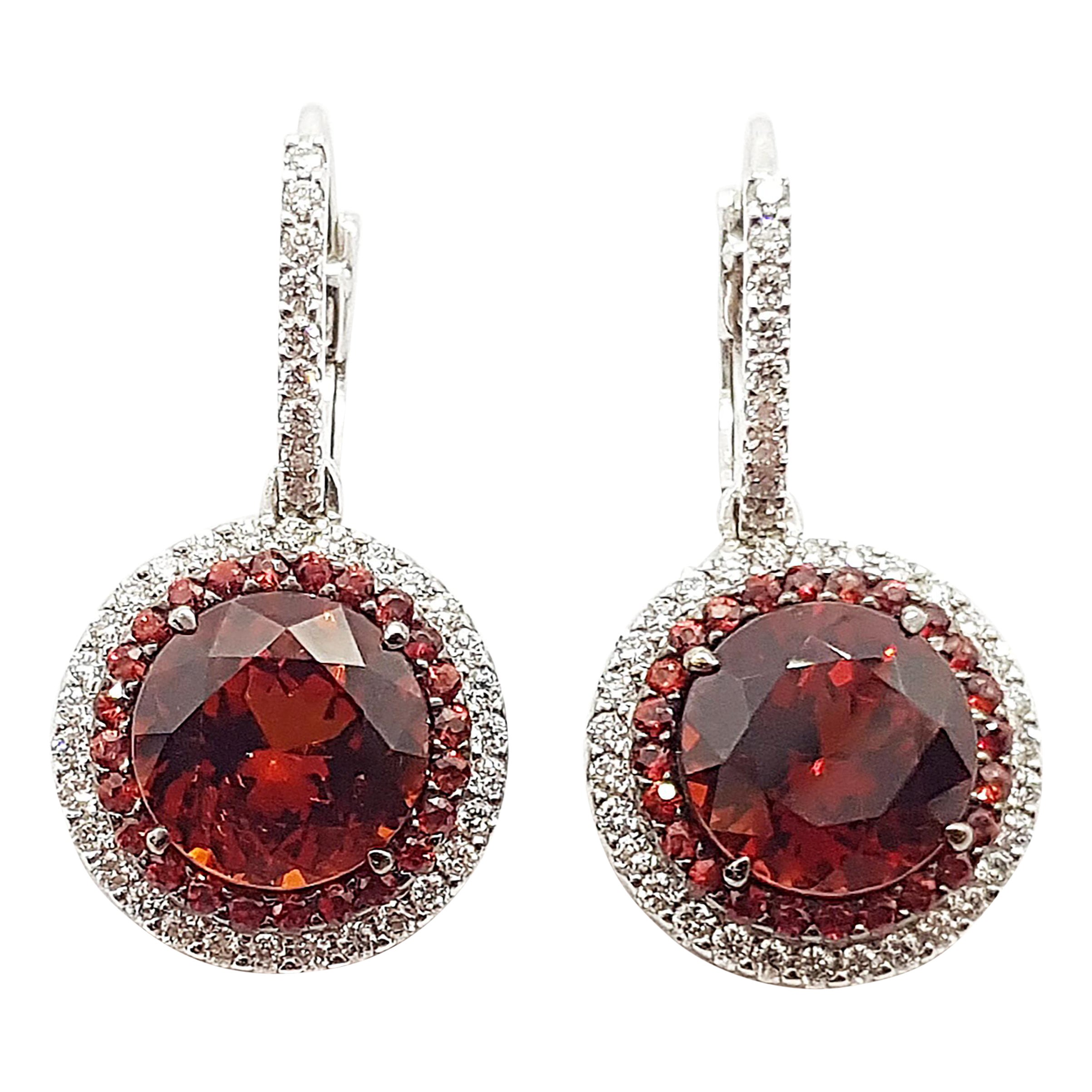Spessartite Garnet with Orange Sapphire Diamond Earrings in 18 Karat White Gold
