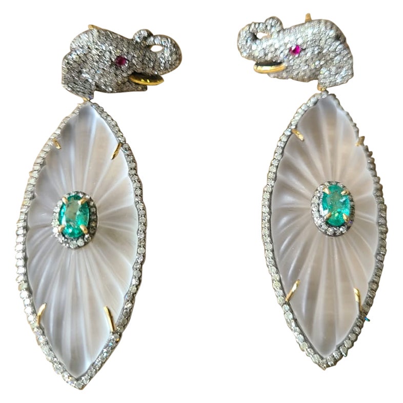 Crystal Emerald & Diamond Chandelier Victorian Earrings Set in 14K Gold & Silver