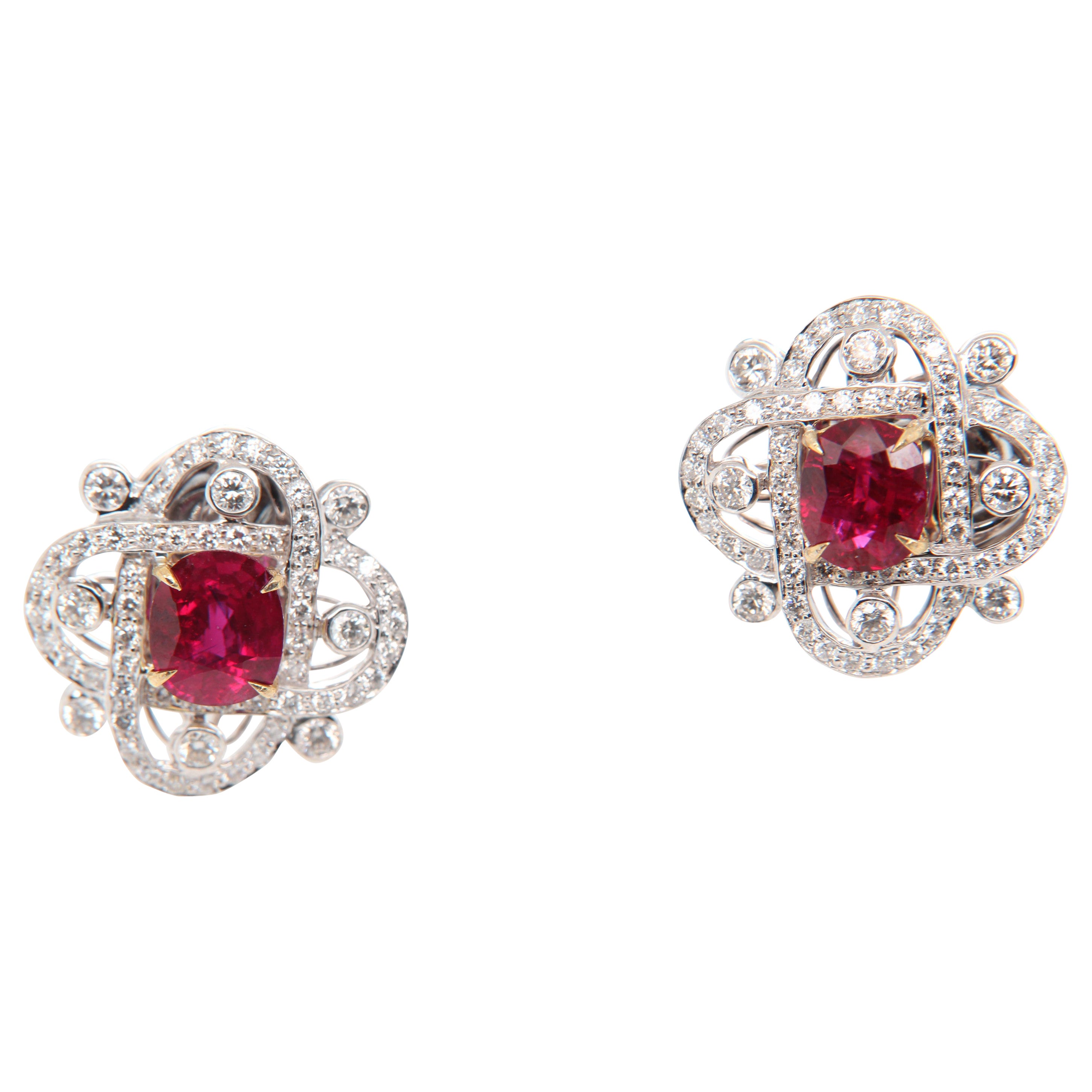 GRS Certified 3ct Burmese 'Pigeon Blood' Ruby and Diamond Earring in 18K Gold