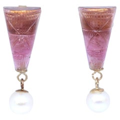 Retro Tourmaline Akoya Pearls Yellow Gold Earrings, 1960