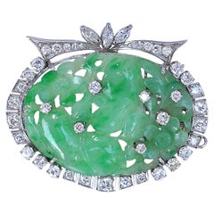 Jade Floral Diamonds Platinum Art Deco Brooch, 1925