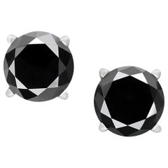 2.54 Carat Total Round Black Diamond Solitaire Stud Earrings in 14 K White Gold