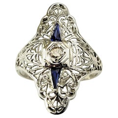 14 Karat White Gold Filigree, Diamond and Sapphire Ring