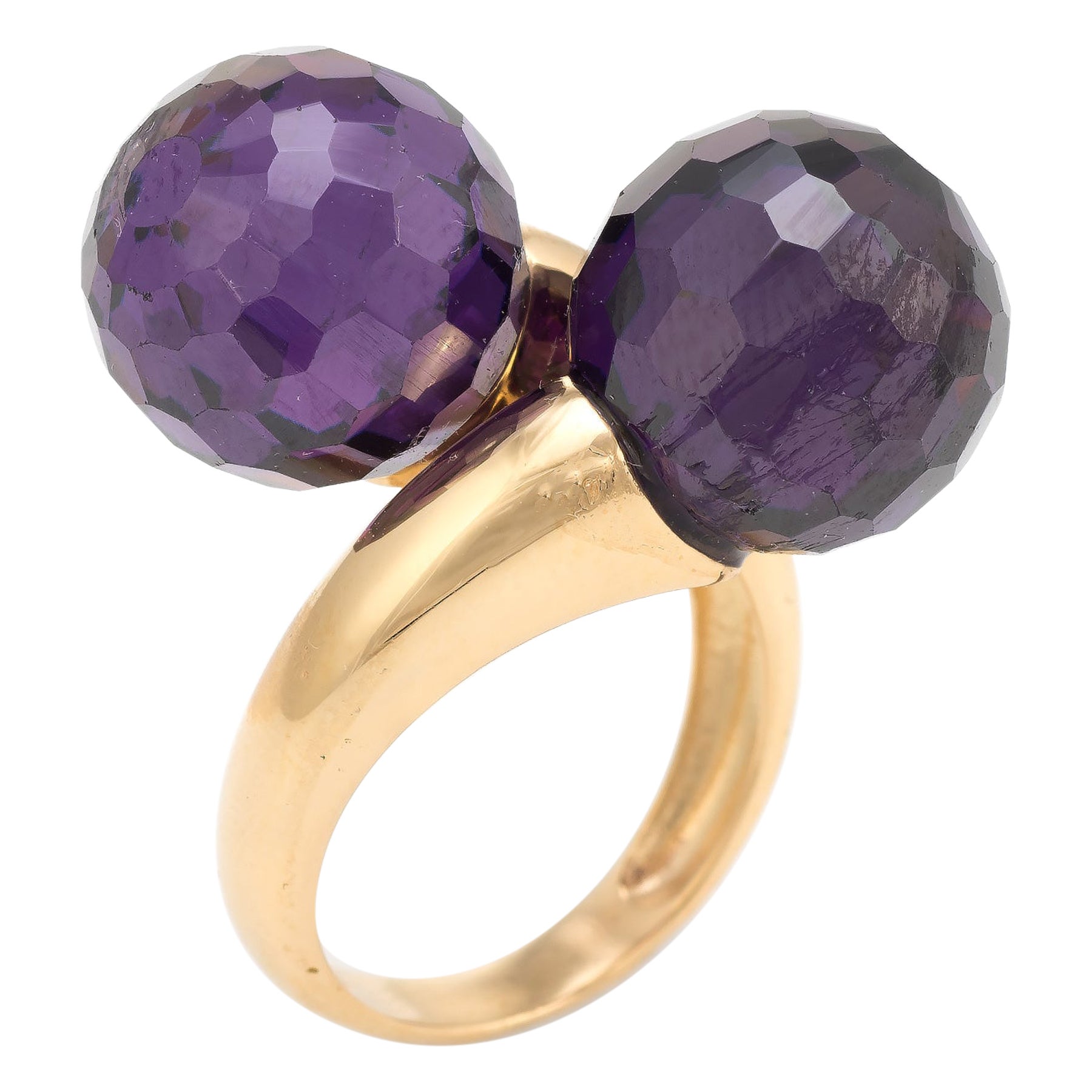 Amethyst Bypass Ring Double Orb Moi et Toi 18k Yellow Gold Vintage Jewelry For Sale