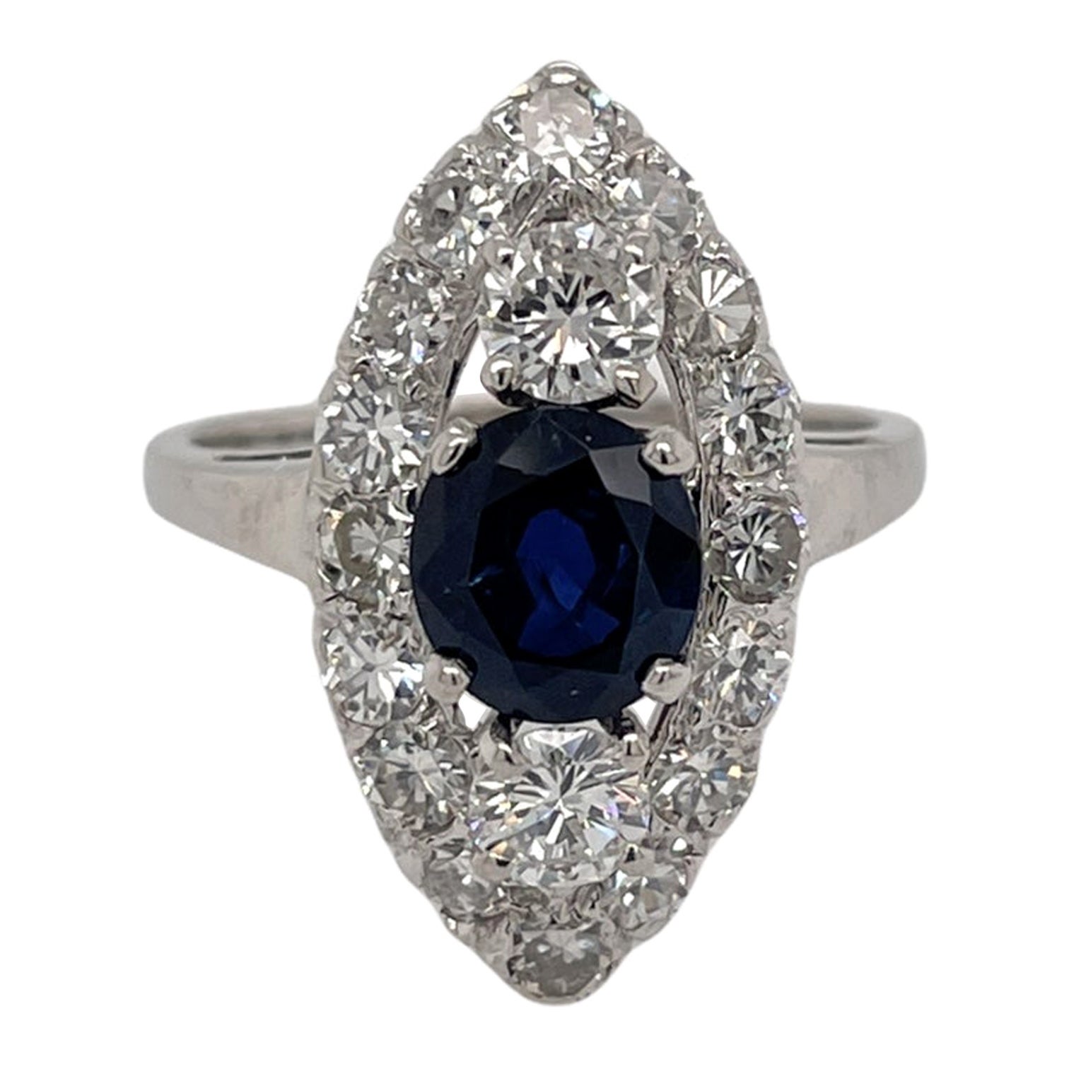 Oval Sapphire & Diamond Marquise Shaped Edwardian Style Ring in 18K White Gold For Sale