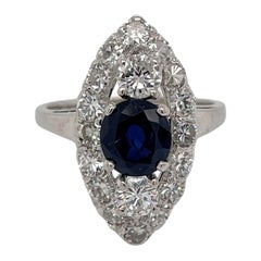 Antique Oval Sapphire & Diamond Marquise Shaped Edwardian Style Ring in 18K White Gold