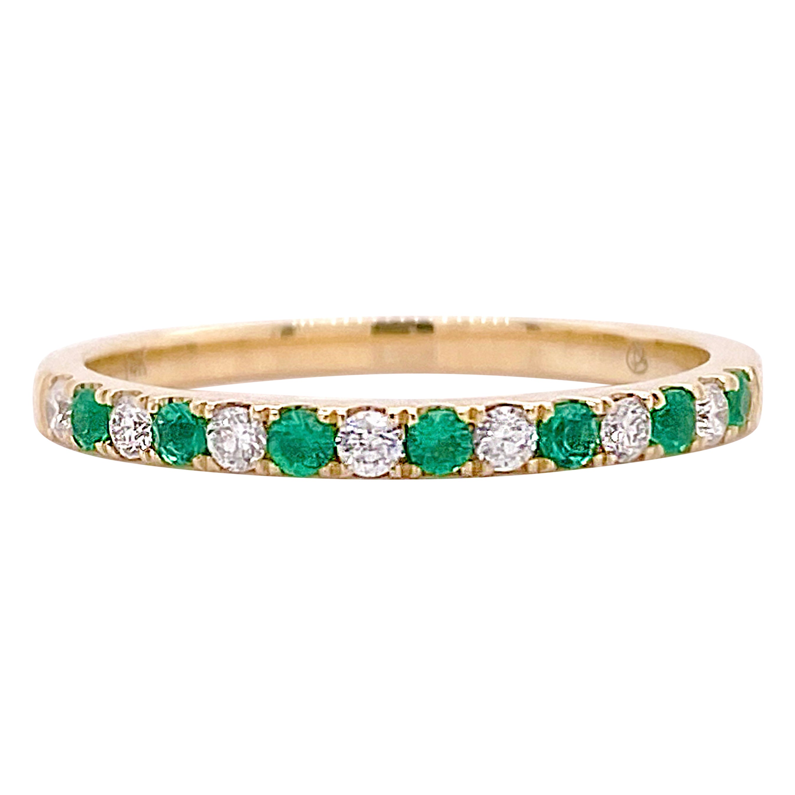 Diamond Emerald Band, Yellow Gold Wedding Ring, Green Emeralds and White Diamond For Sale