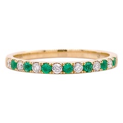 Diamond Emerald Band, Yellow Gold Wedding Ring, Green Emeralds and White Diamond