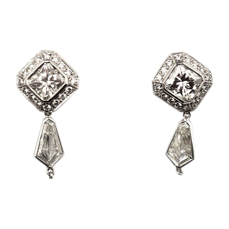 Square Radiant Cut Diamond Dangle Platinum Earrings