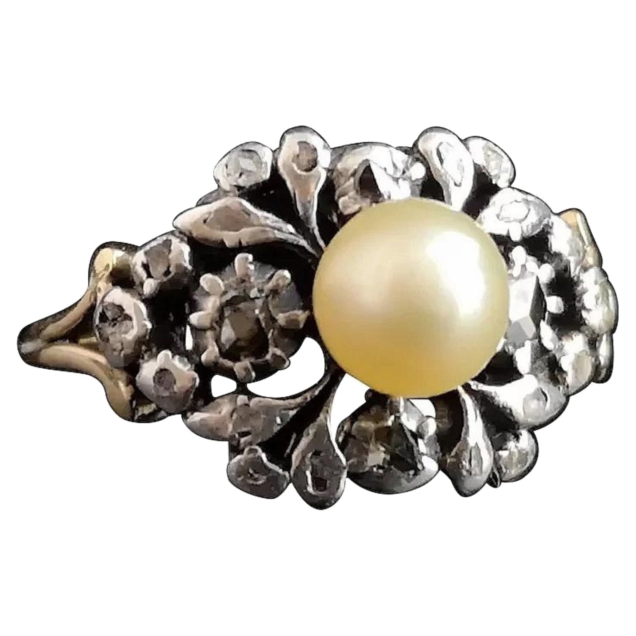 Antique Georgian Pearl and Diamond Ring, 18 Karat Gold and Silver, Conversion