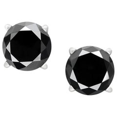 3.83 Carat Total Round Black Diamond Solitaire Stud Earrings in 14 K White Gold
