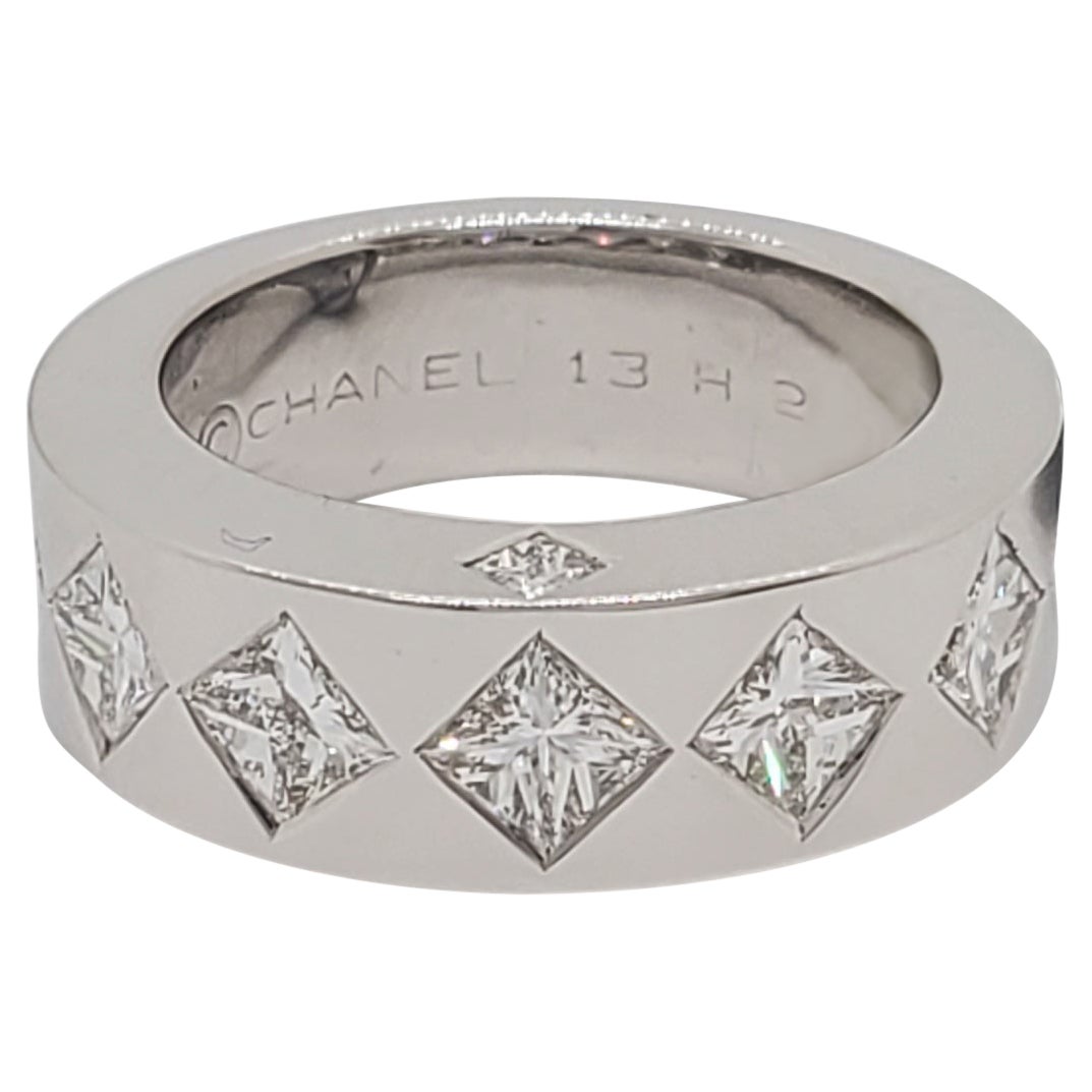Estate Chanel White Diamond Jacquard Ring in 18k White Gold For Sale