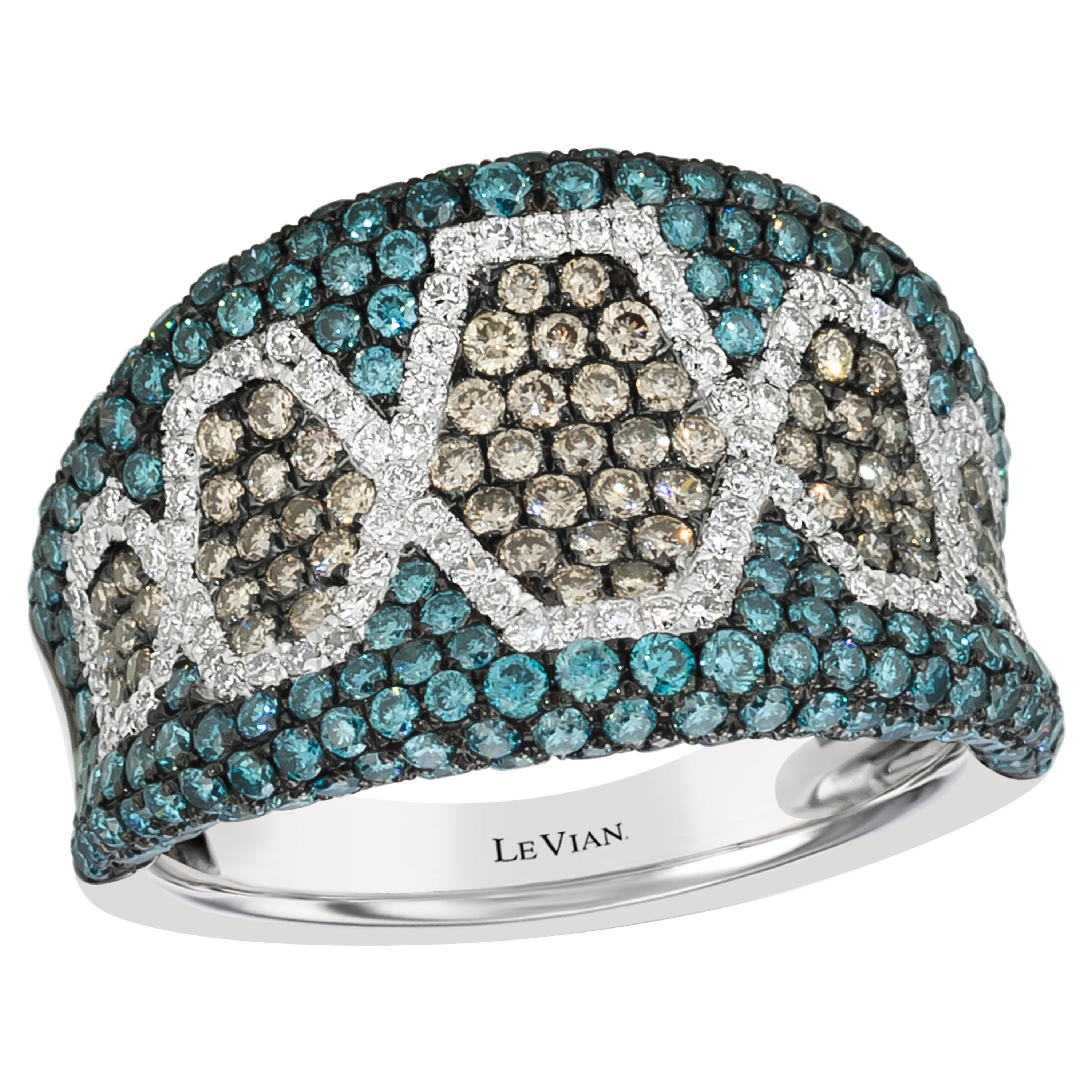 LeVian Ring Chocolate, Blue, and White Diamonds Set in 14K White Gold For Sale