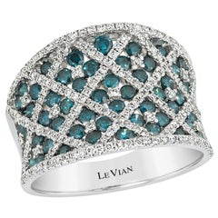 LeVian 14K White Gold Round Blue Diamond Classic Beautiful Fancy Cocktail Ring