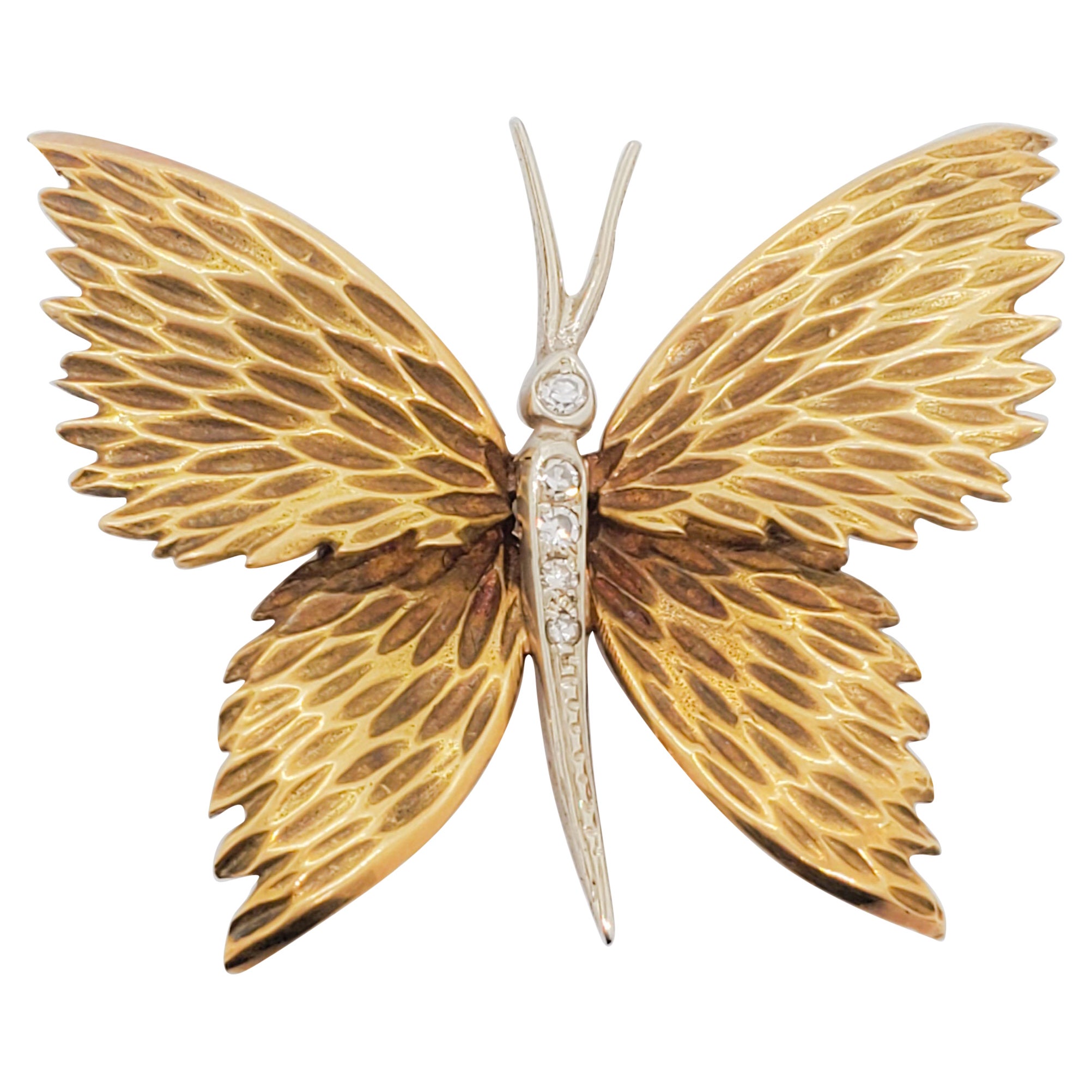 Estate Tiffany & Company Diamond Butterfly Brooch in 18k Yellow Gold For Sale