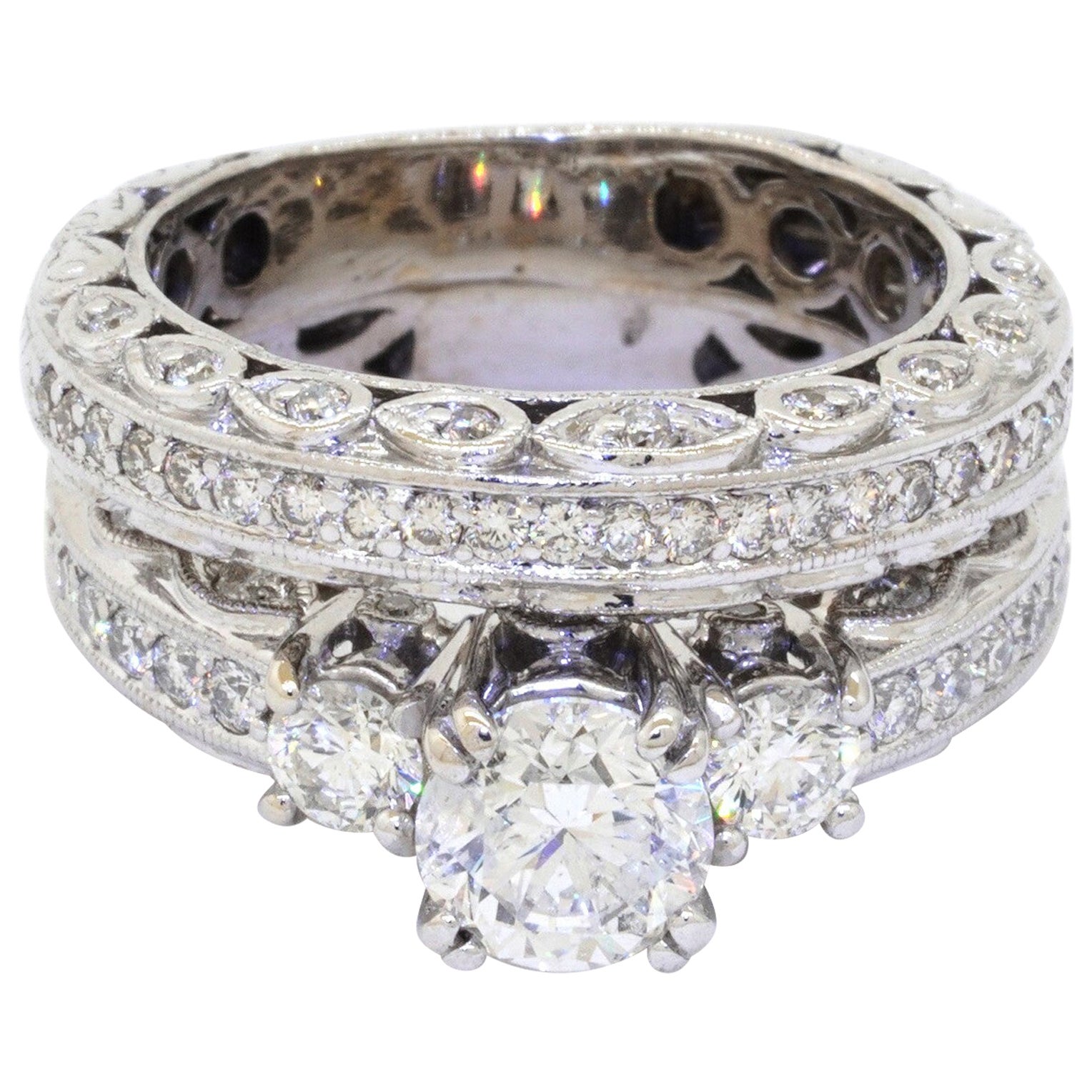 14K White Gold 2.33CT Diamond 3-Stone Filigree Bridal Engagement Ring Set For Sale