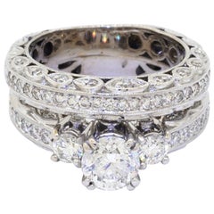 Vintage 14K White Gold 2.33CT Diamond 3-Stone Filigree Bridal Engagement Ring Set