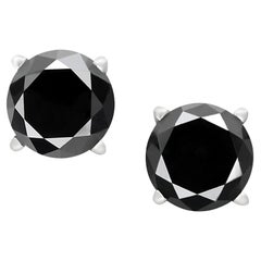 0.75 Carat Total Round Black Diamond Solitaire Stud Earrings in 14 K White Gold
