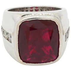 Vintage 14K WG 13.20ct VS Diamond & Synthetic Ruby Men's Ring