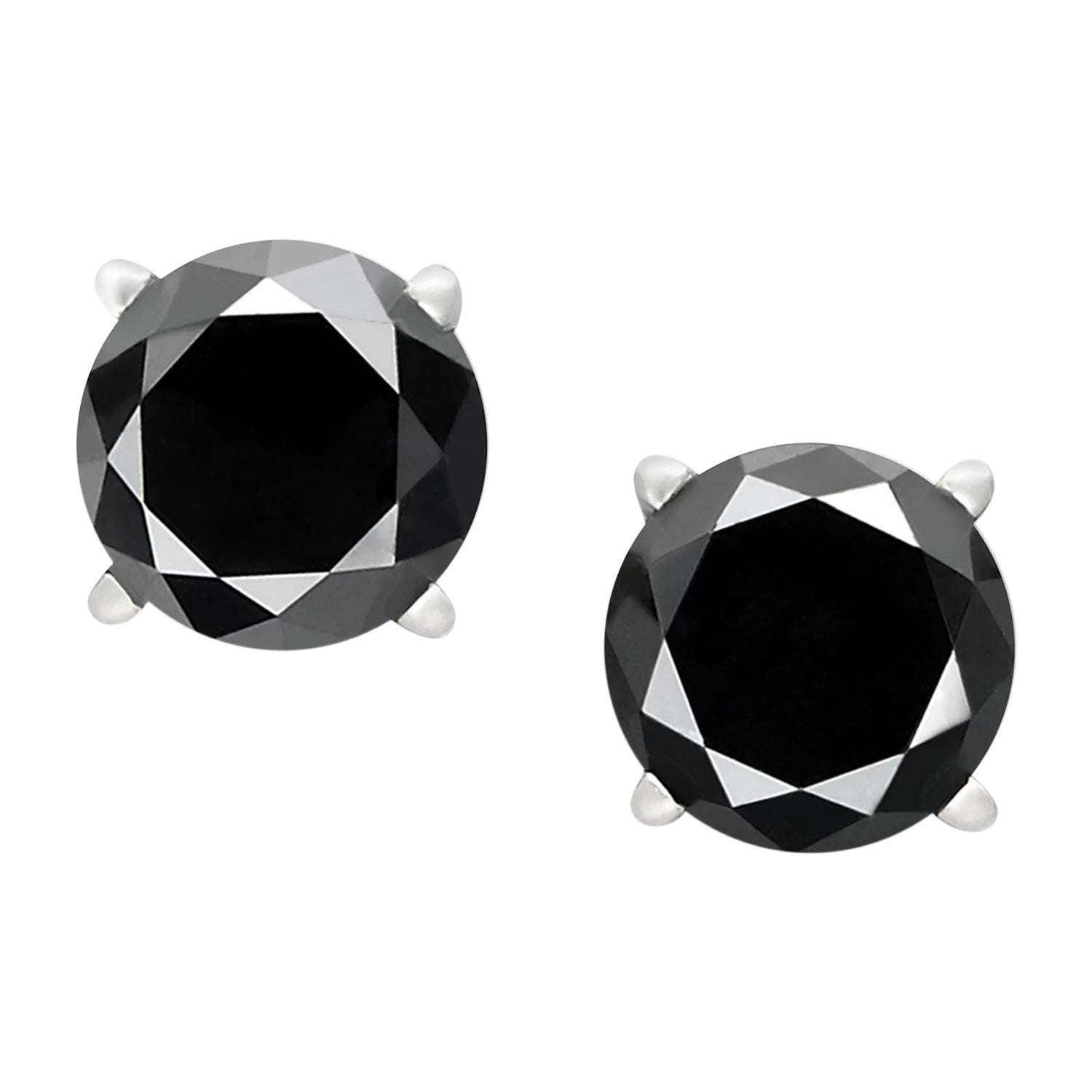 0.88 Carat Total Round Black Diamond Solitaire Stud Earrings in 14 K White Gold