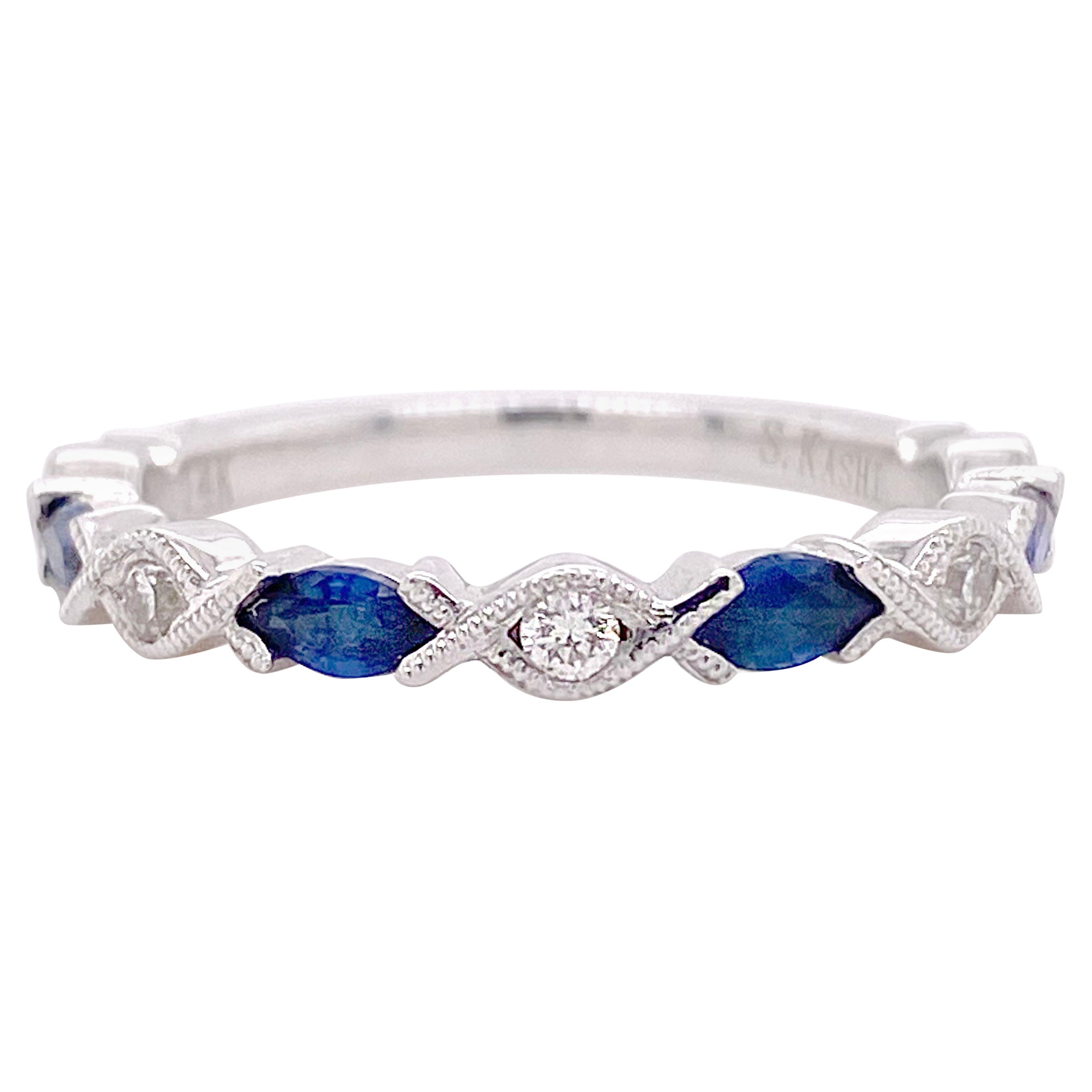 Diamond Sapphire Band, White Gold Wedding Ring, Marquise Sapphires .85 Carats