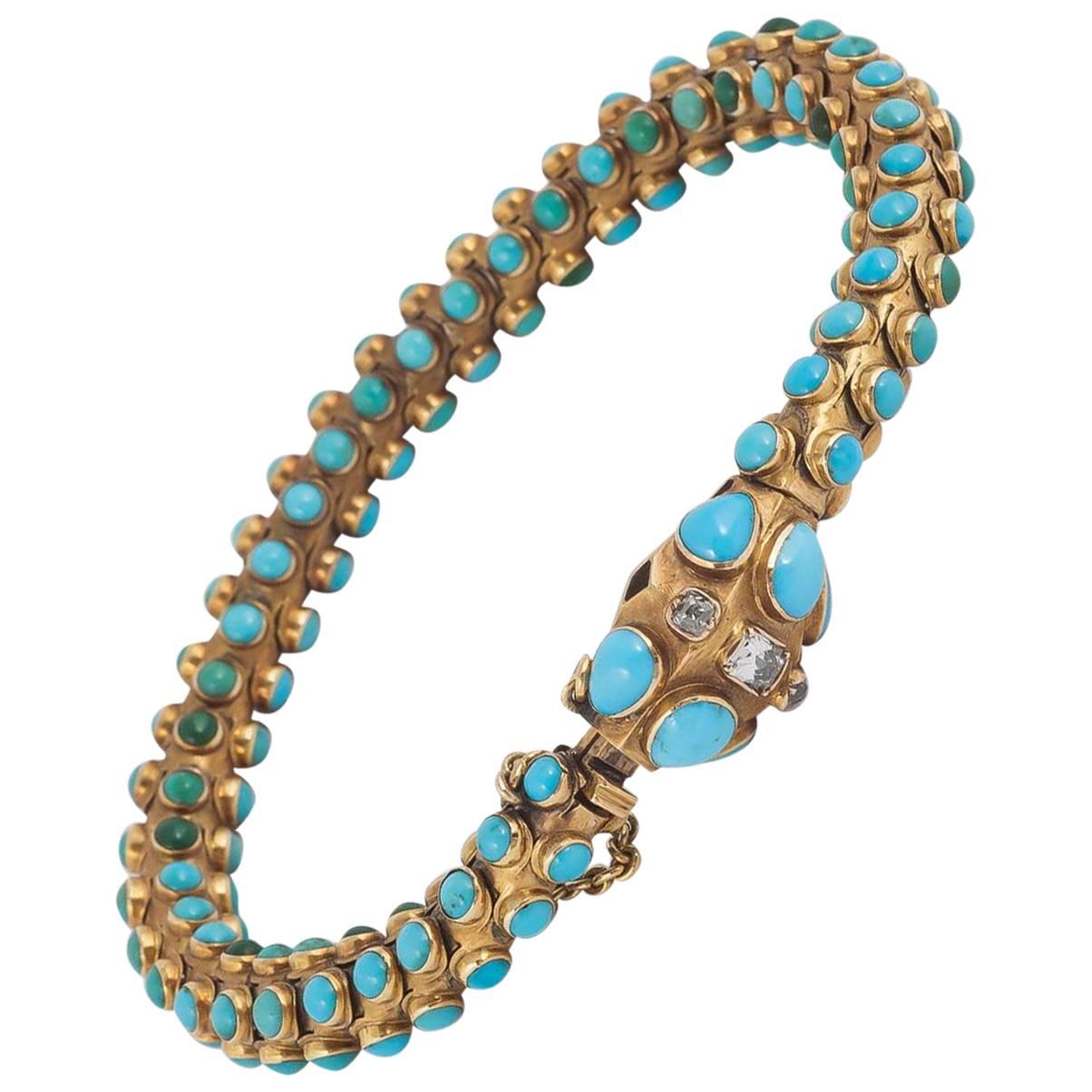 Early Victorian Turquoise Diamond Gold Bracelet