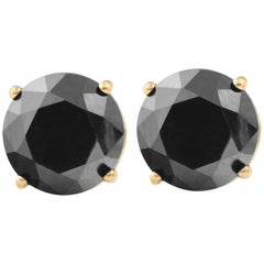 0.75 Carat Total Round Black Diamond Solitaire Stud Earrings in 14 K Yellow Gold