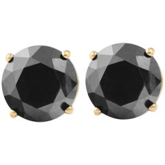 0.71 Carat Total Round Black Diamond Solitaire Stud Earrings in 14 K Yellow Gold