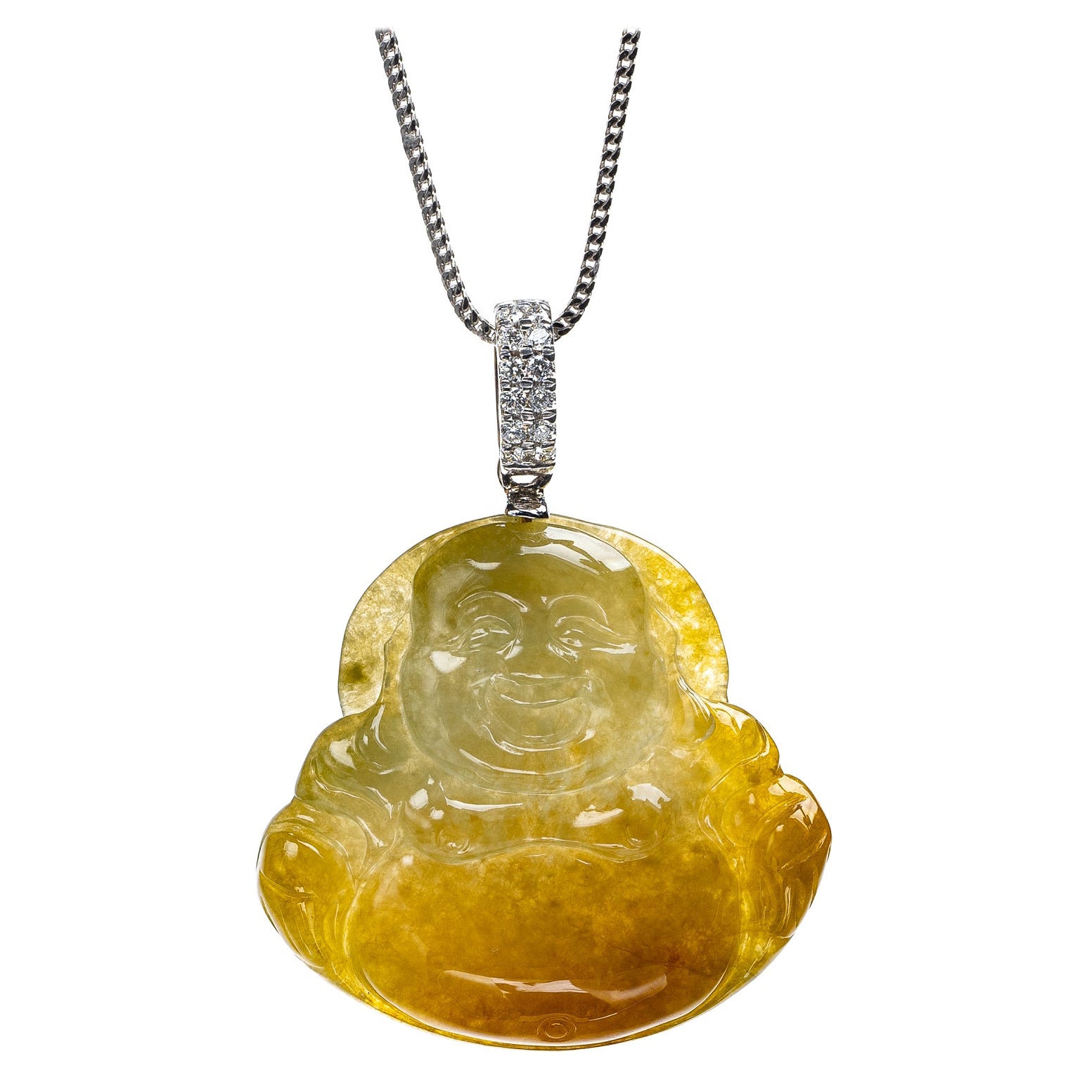 Yellow Jadeite Jade Buddha and Diamond Pendant, Certified Untreated For Sale