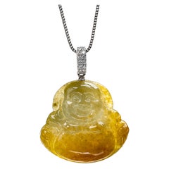 Yellow Jadeite Jade Buddha and Diamond Pendant, Certified Untreated