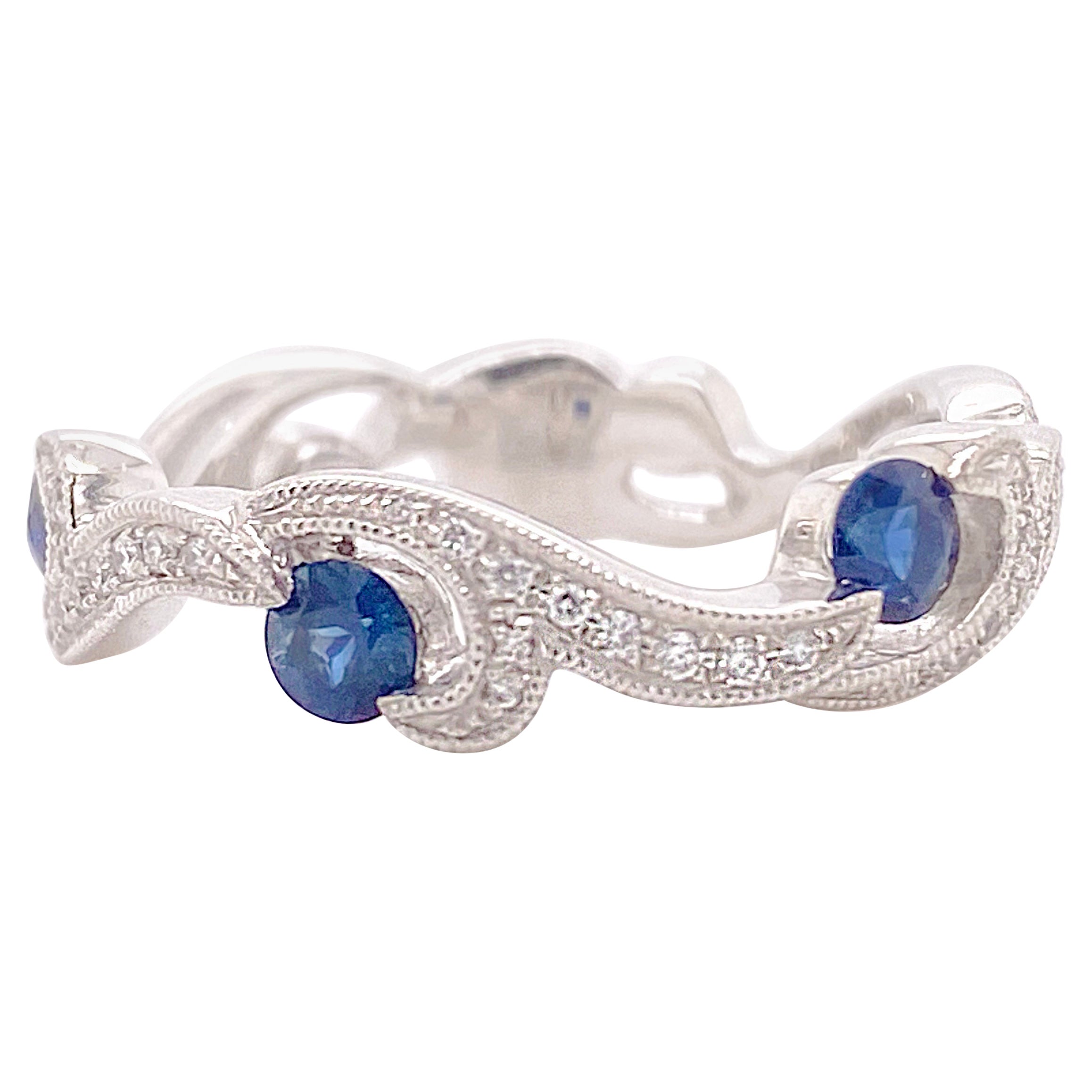 Diamond Sapphire Band, White Gold Wedding Ring, Swirled Design, 3/4 Eternity
