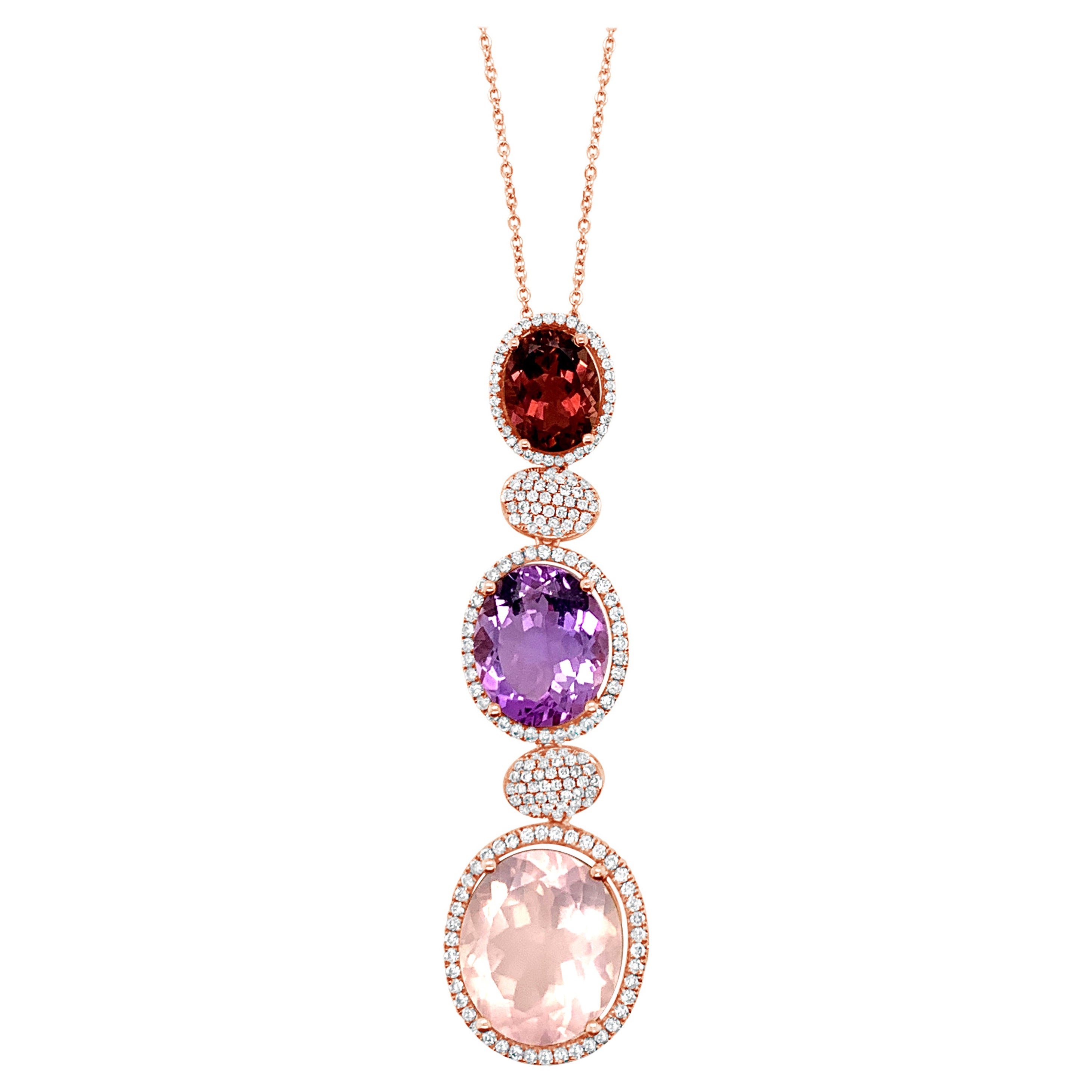 LeVian 14K Rose Gold Pink Quartz Gemstone Round Diamond Pendant Necklace For Sale