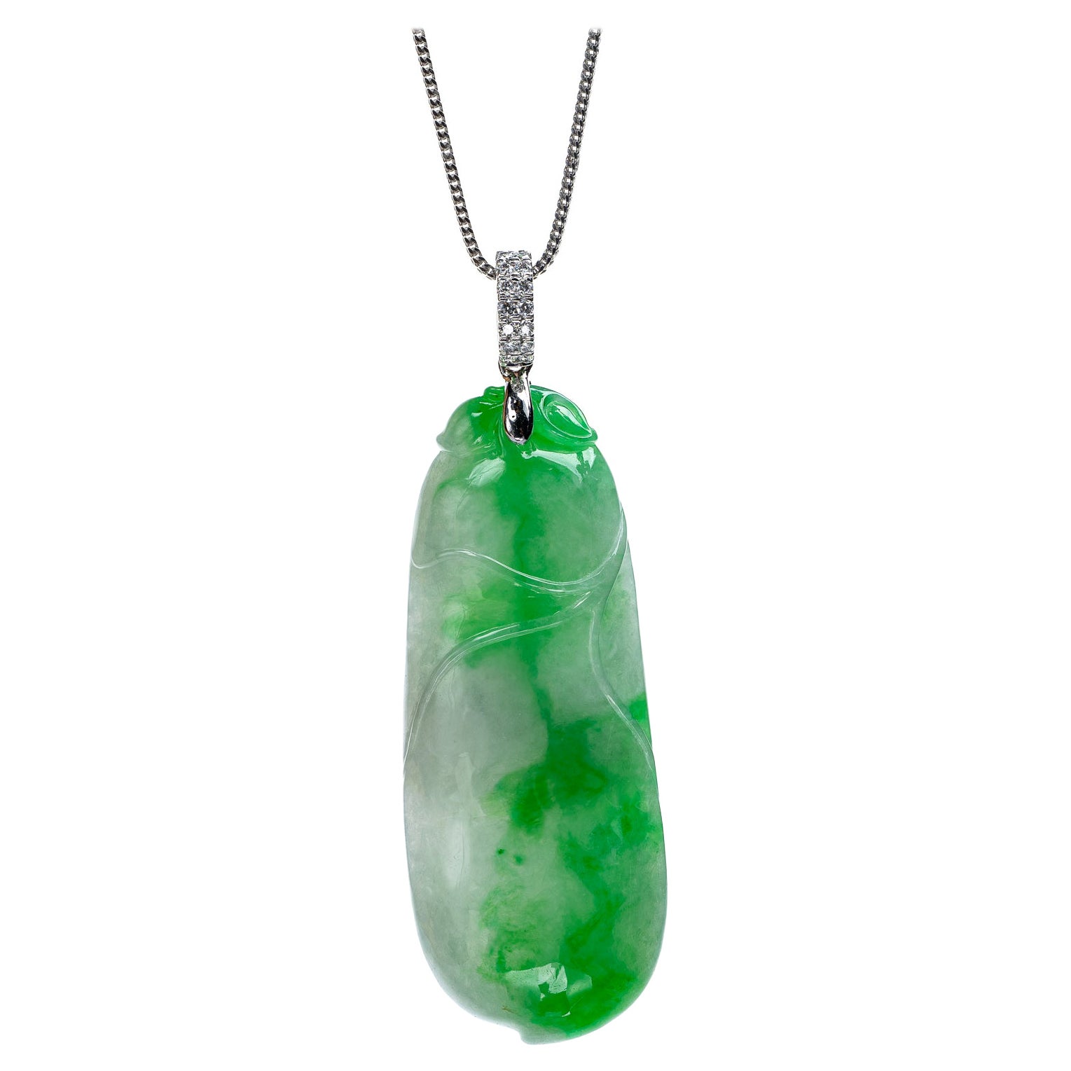 Green/White Jadeite Jade Peapod and Diamond Pendant, Certified Untreated