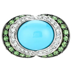 Carlo Viani 14K Yellow Gold Turquoise Cabochon Tsavorite White Diamond Ring