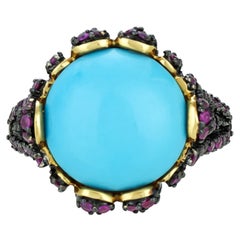 Carlo Viani 14K Yellow Gold Turquoise Cabochon & Magenta Colored Ruby Ring